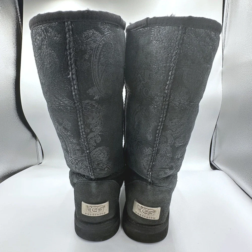 UGG Australia #5852 Black Paisley Classic Tall Metallic Plate Sheepskin Boots W6